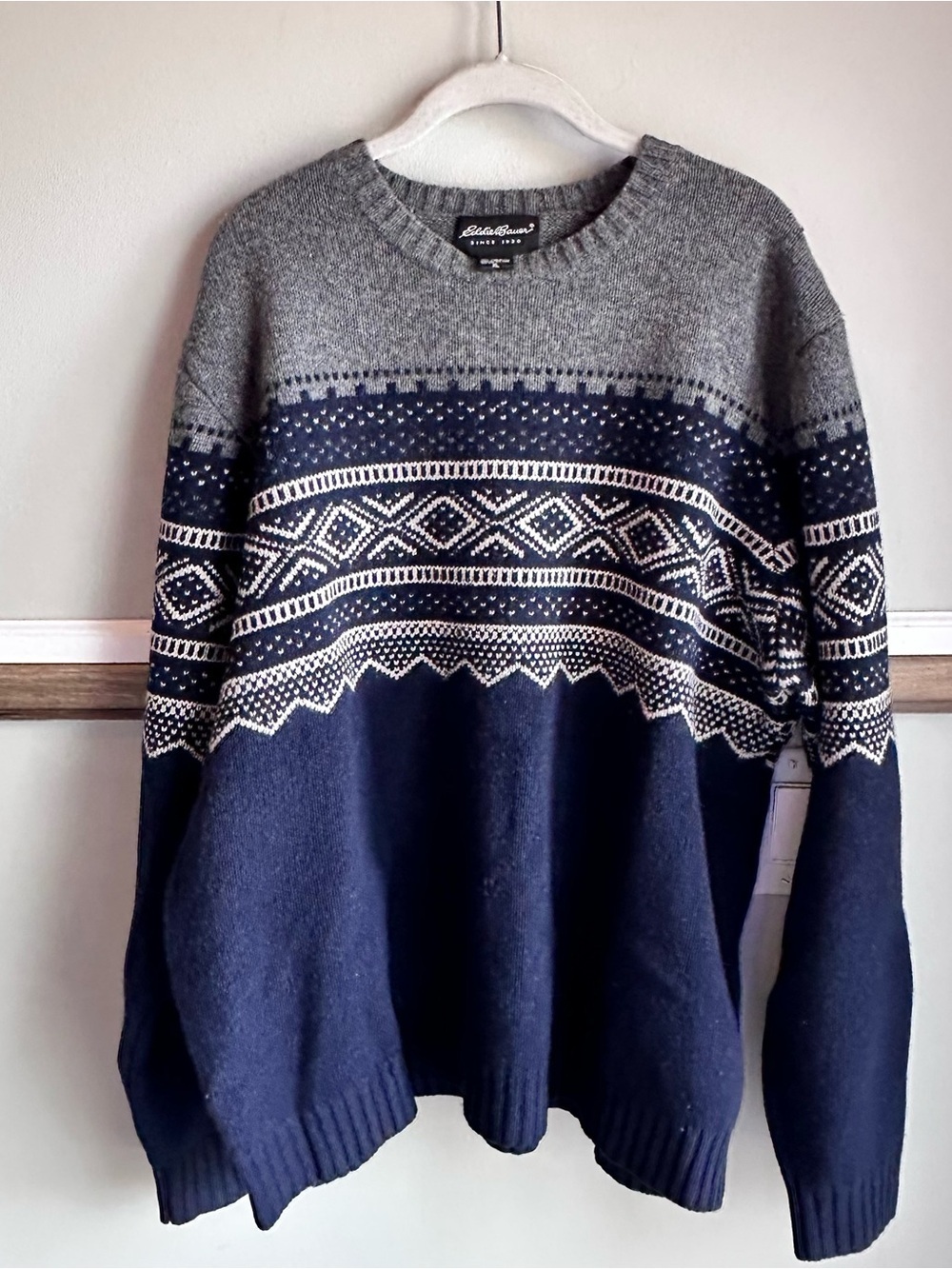 Eddie Bauer Wool Sweater Black Gray Fair Isle  Vintage Lambswool​​